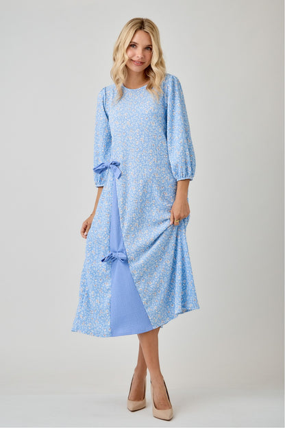 Floral Print Side Bow Dress with Puff Sleeve