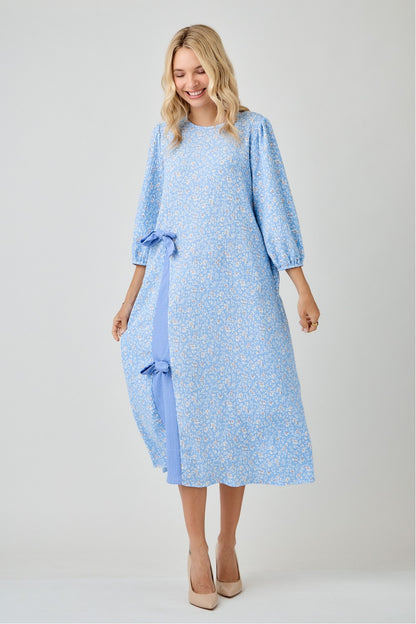 Floral Print Side Bow Dress with Puff Sleeve