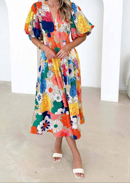 Garden Party Floral Puff Sleeve Midi Dress