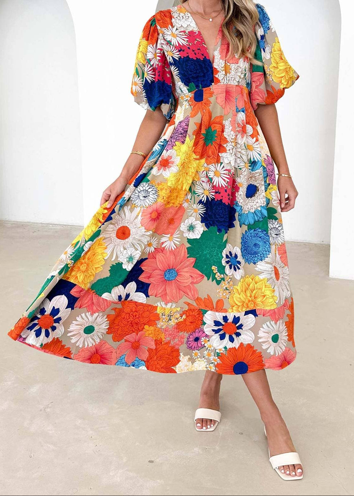 Garden Party Floral Puff Sleeve Midi Dress