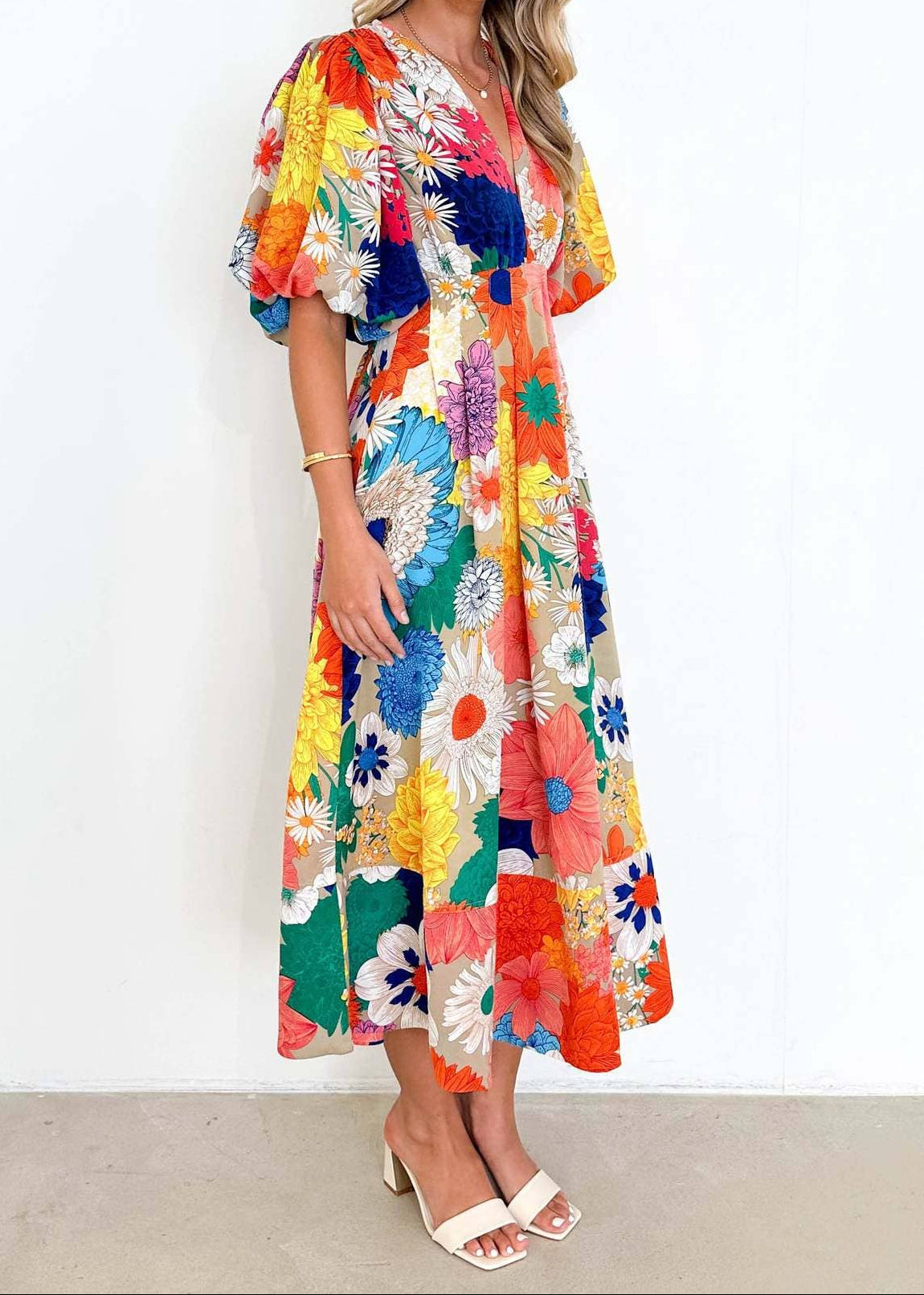 Garden Party Floral Puff Sleeve Midi Dress
