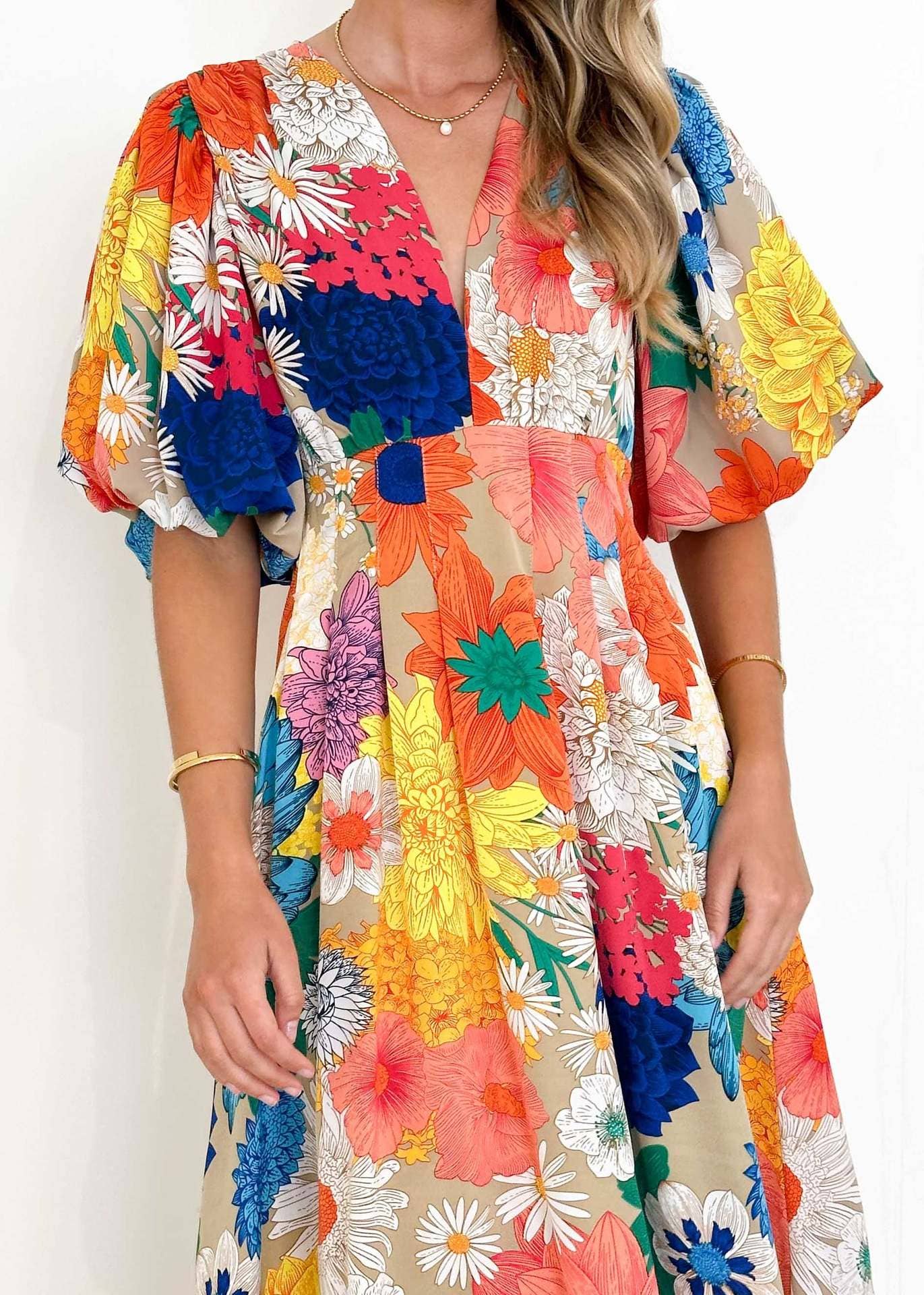 Garden Party Floral Puff Sleeve Midi Dress