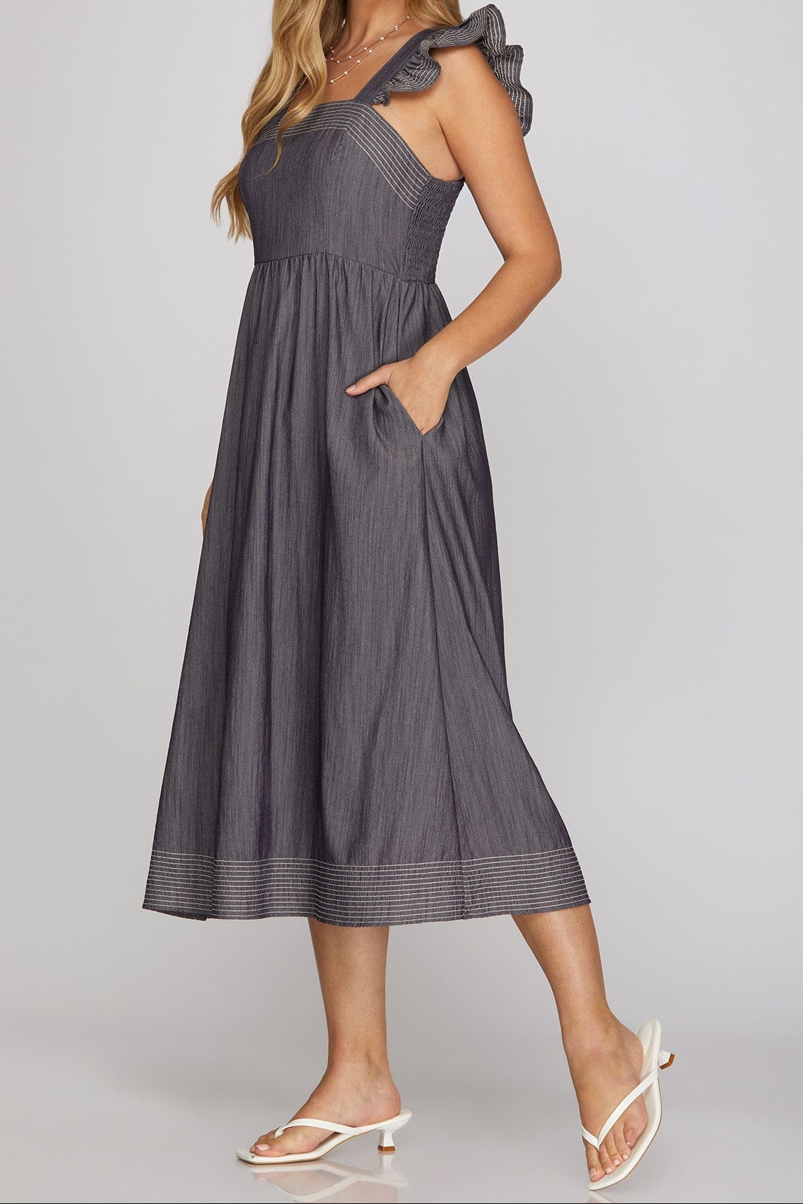 Graceful Stitches Ruffle Strap Midi Dress