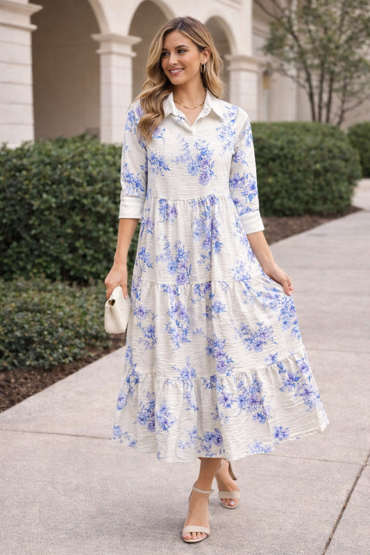 Porcelain Bloom Pocket Midi Dress