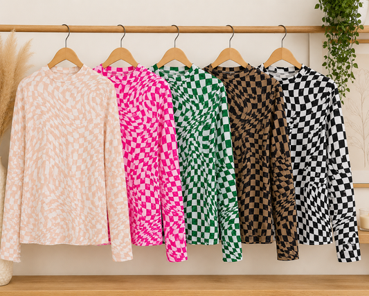Checkered Mesh Mock Neck Top