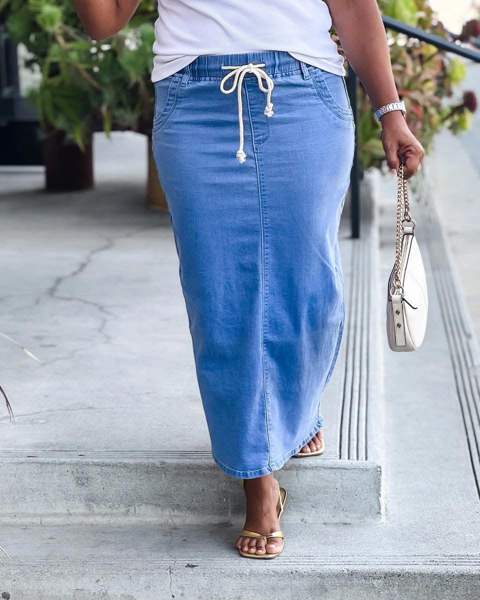 Harper Elastic Waist Denim Midi Skirt