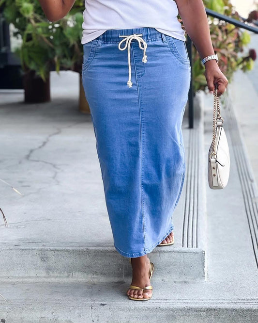 Harper Elastic Waist Denim Midi Skirt