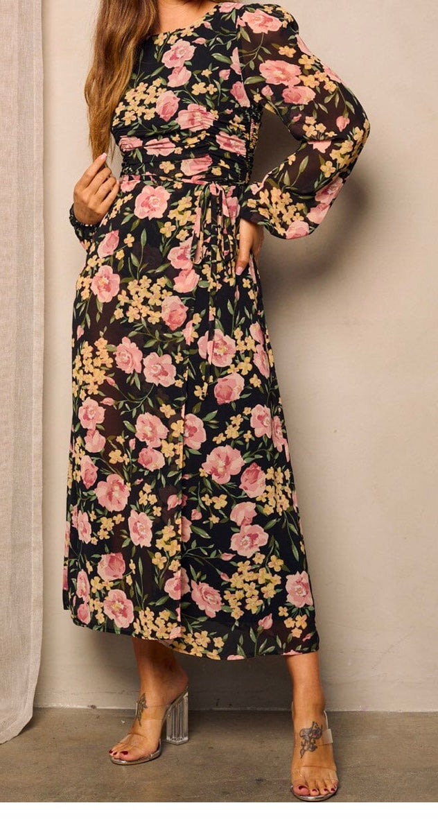 Women's Long Puff Sleeve Side Ruched Floral Maxi Dress