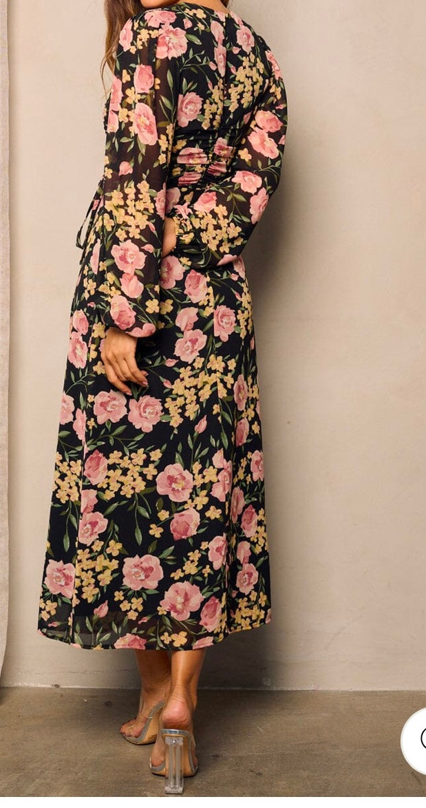 Women's Long Puff Sleeve Side Ruched Floral Maxi Dress