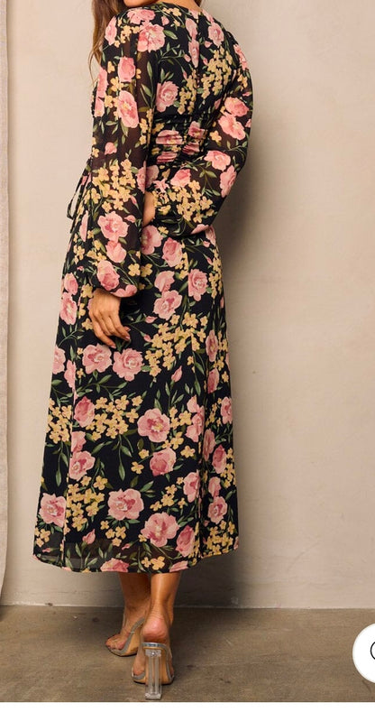 Women's Long Puff Sleeve Side Ruched Floral Maxi Dress
