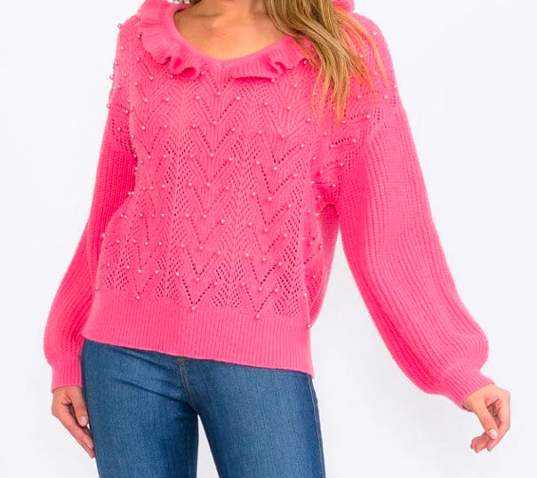 Women's Long Sleeve Ruffle Pearl Knit Pullover Sweater