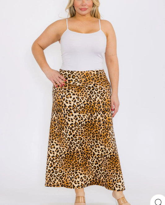 Plus Size Elastic Waist Animal Print Maxi Skirt