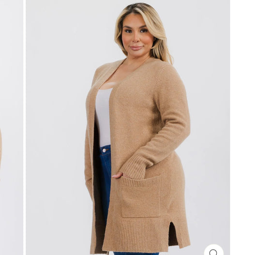 Plus Size Long Sleeve Open Front Pockets Cardigan