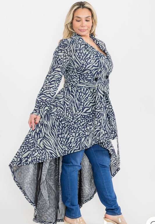 Plus Size Long Sleeve Button Closure Pockets Printed Hi-Low Coat