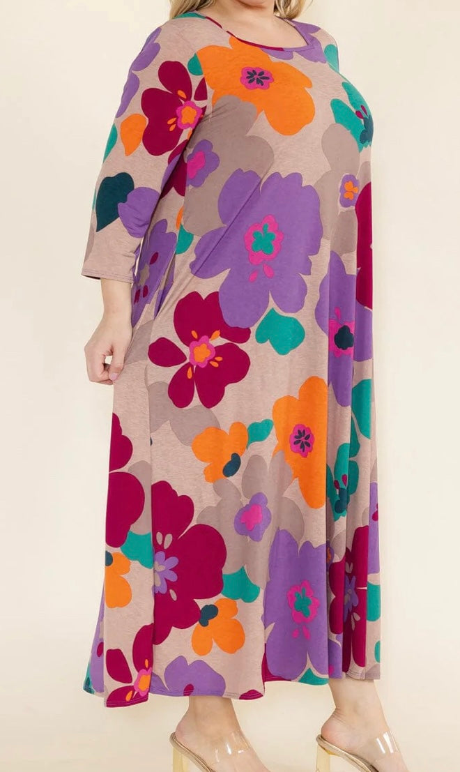 Plus Size 3/4 Sleeve Square Neck Front Pockets Flower Print Tunic Maxi Dress