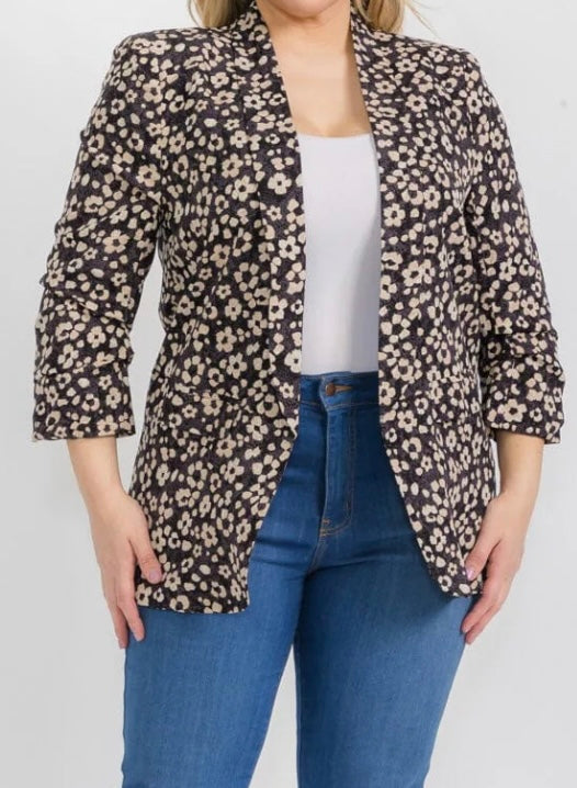 Plus Size 3/4 Sleeve Open Front Floral Blazer