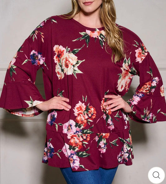 Plus Size Long Ruffle Sleeve Floral Tunic Blouse Top