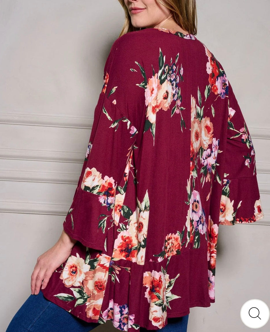 Plus Size Long Ruffle Sleeve Floral Tunic Blouse Top