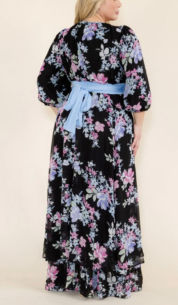 Plus Size 3/4 Length Sleeve Flower Print Self Tie Maxi Dress