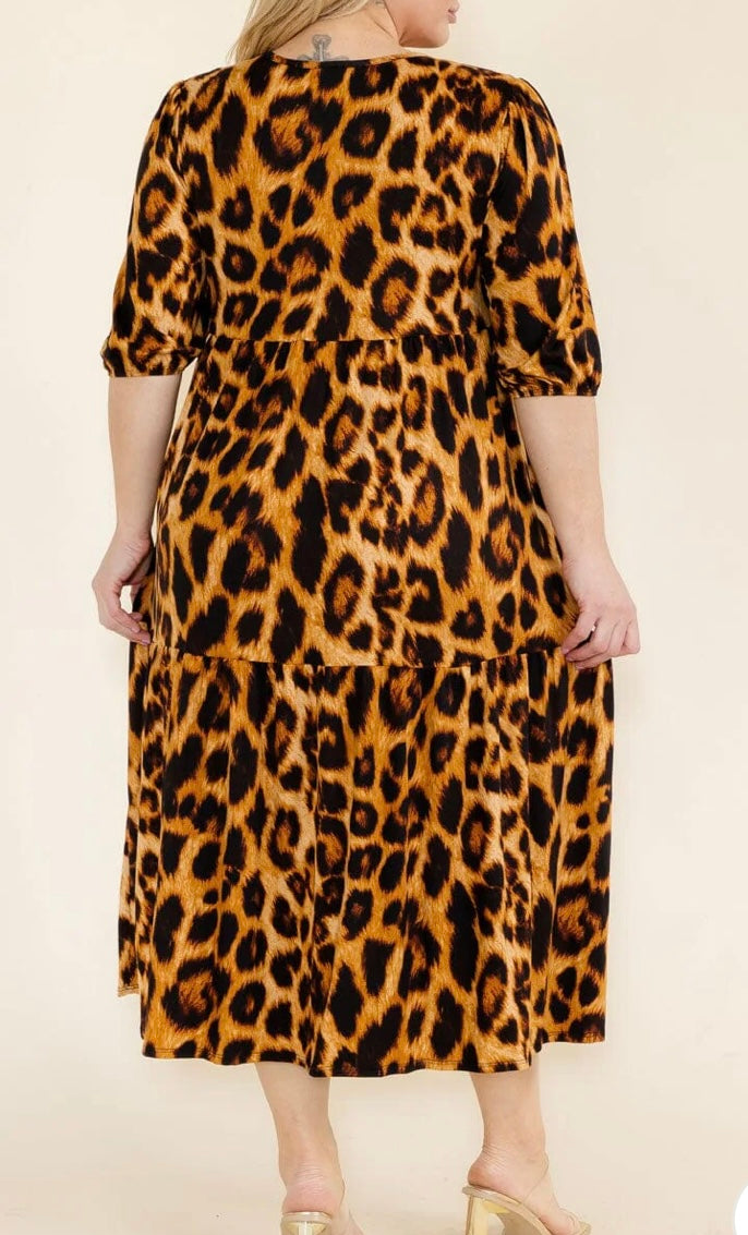 Plus Size 3/4 Sleeve Front Pockets Animal Print Tunic Maxi Dress