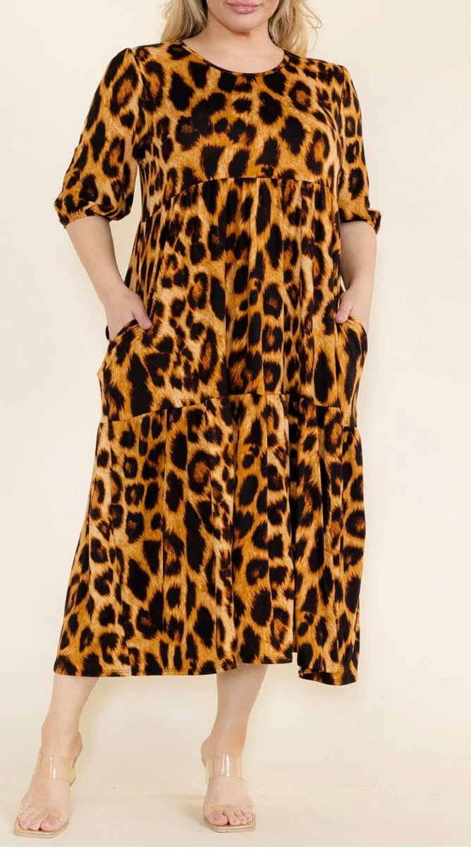 Plus Size 3/4 Sleeve Front Pockets Animal Print Tunic Maxi Dress