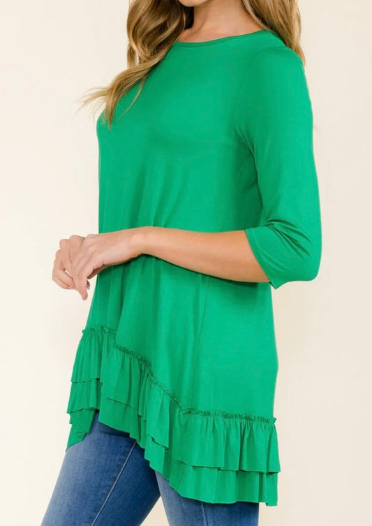 Women's 3/4 Sleeves Ruffle Bottom Hem Tunic High-Low Top