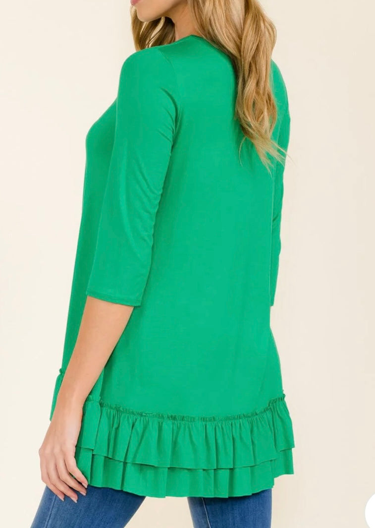 Women's 3/4 Sleeves Ruffle Bottom Hem Tunic High-Low Top