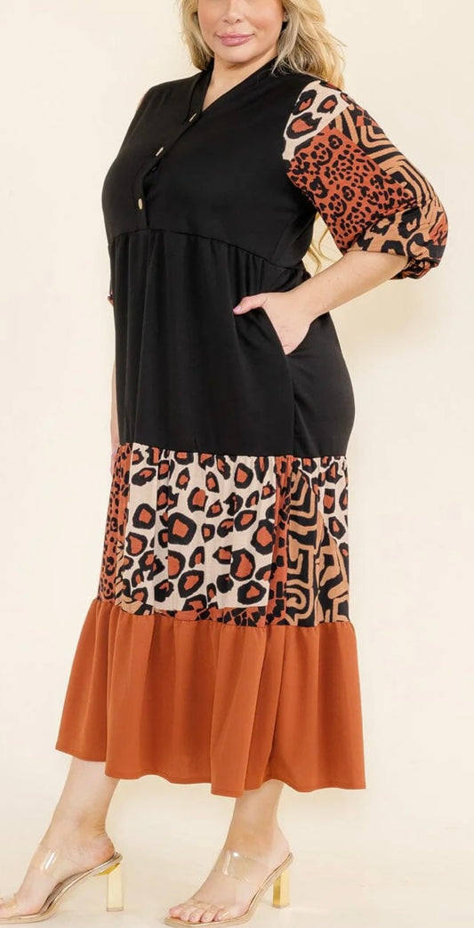 Plus Size 3/4 Sleeve Front Pockets Animal Print Colorblock Maxi Dress