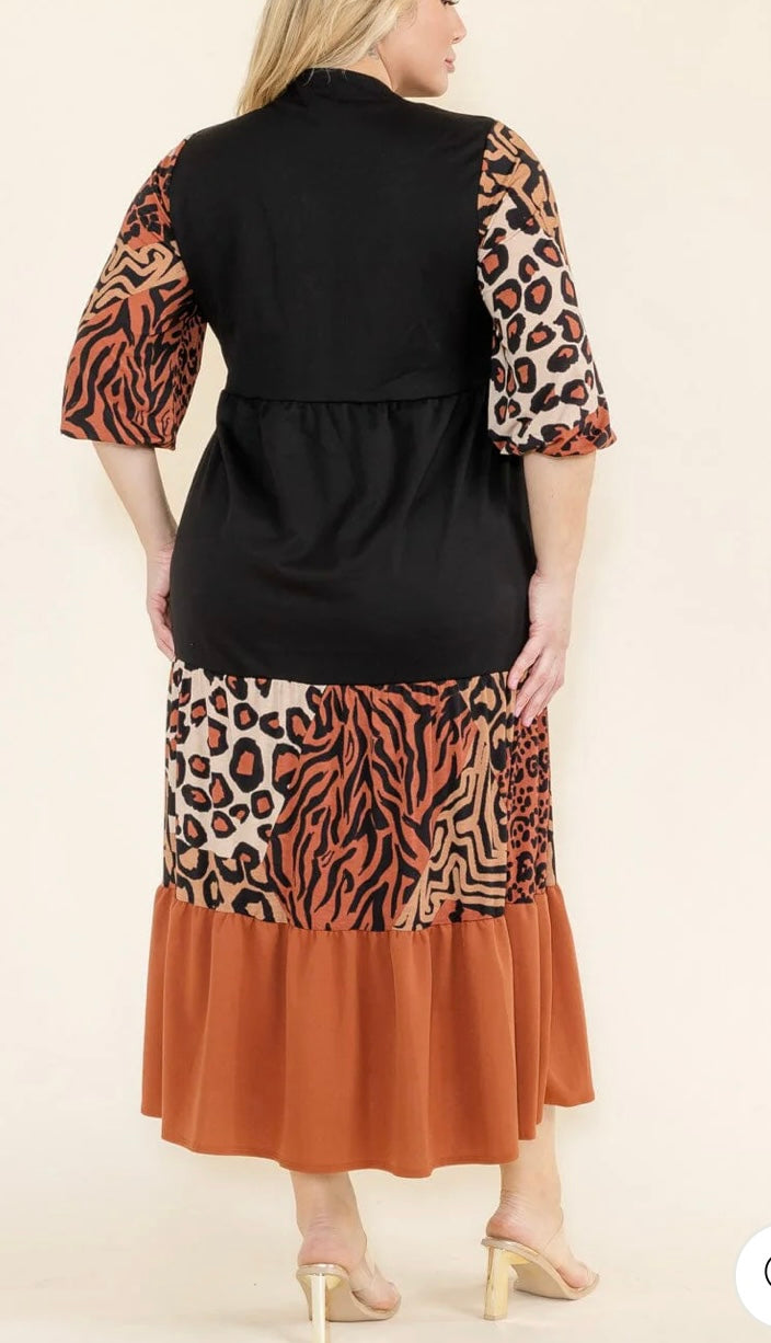 Plus Size 3/4 Sleeve Front Pockets Animal Print Colorblock Maxi Dress