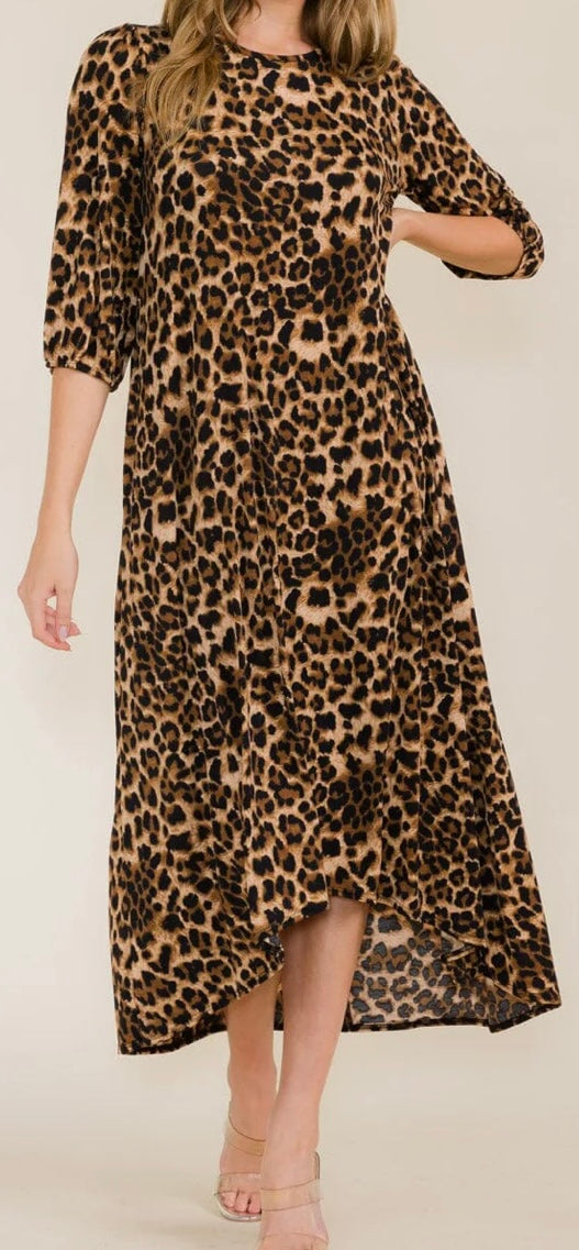 Women's 3/4 Sleeve Front Pockets Animal Print High-Low Maxi Dress