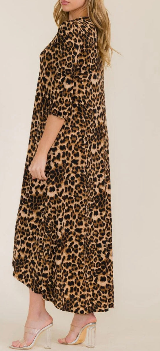 Women's 3/4 Sleeve Front Pockets Animal Print High-Low Maxi Dress