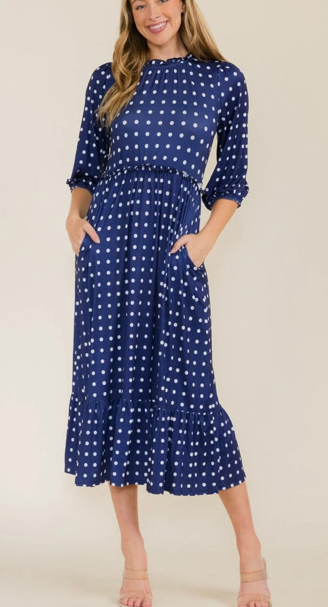 Women's 3/4 Sleeve Front Pockets Polka Dots Maxi Dress