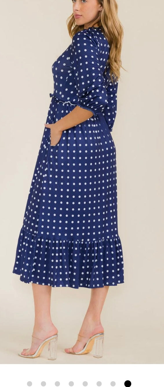 Women's 3/4 Sleeve Front Pockets Polka Dots Maxi Dress