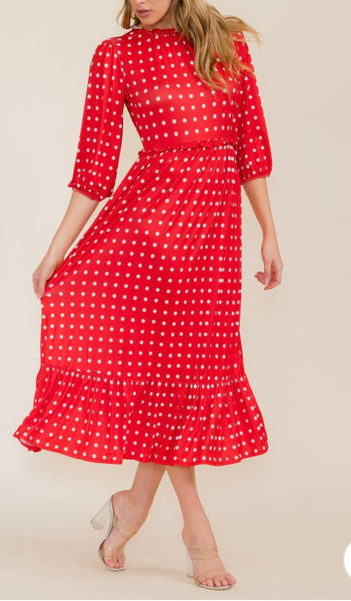 Women's 3/4 Sleeve Front Pockets Polka Dots Maxi Dress