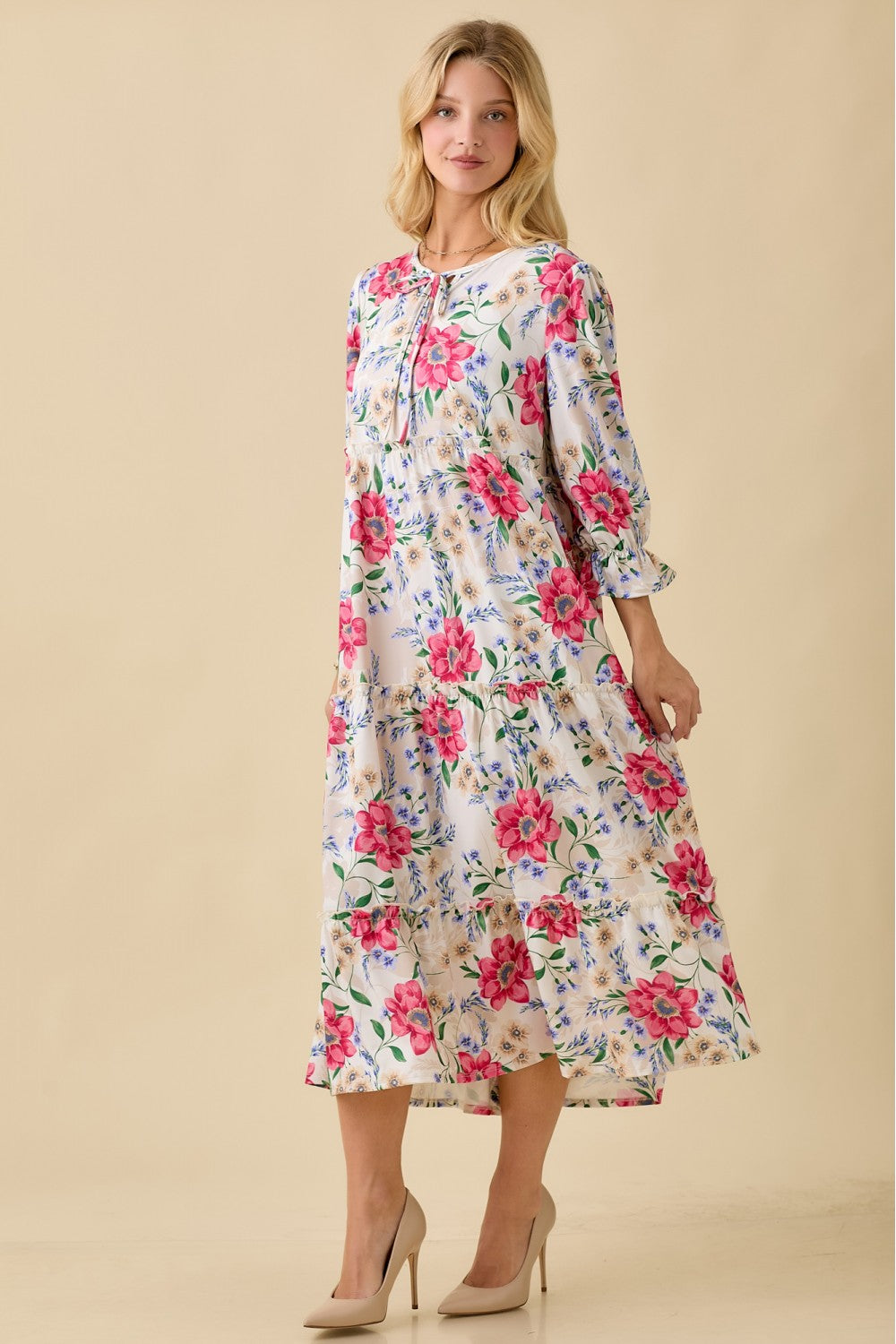 Plus Size Floral Tiered Modest Midi Dress