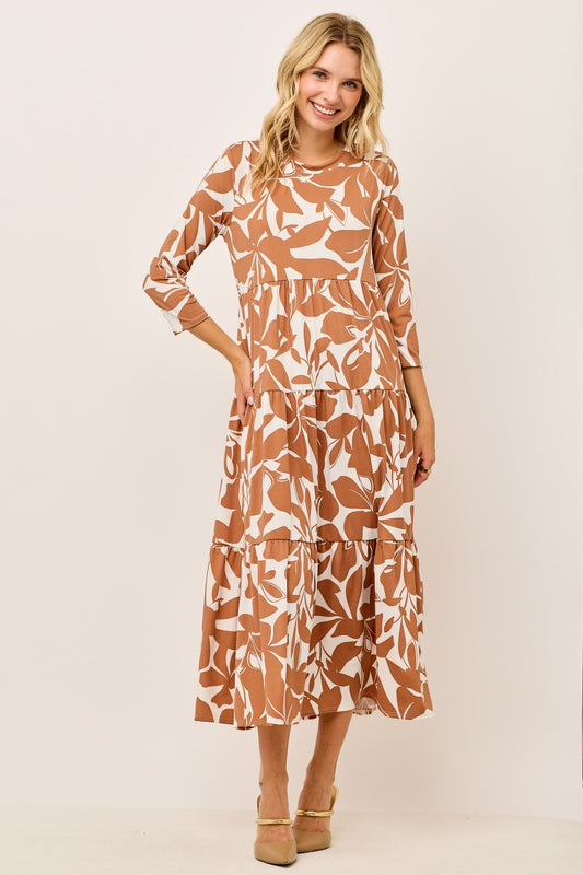 Plus Size Mocha Floral Modest Tiered Dress