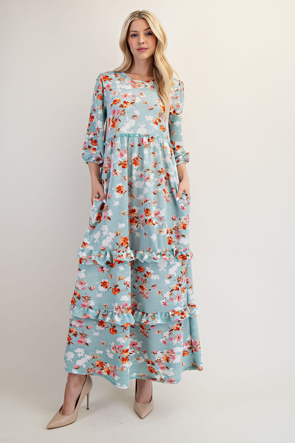 Modest Floral Ruffle Tiered Midi Dress