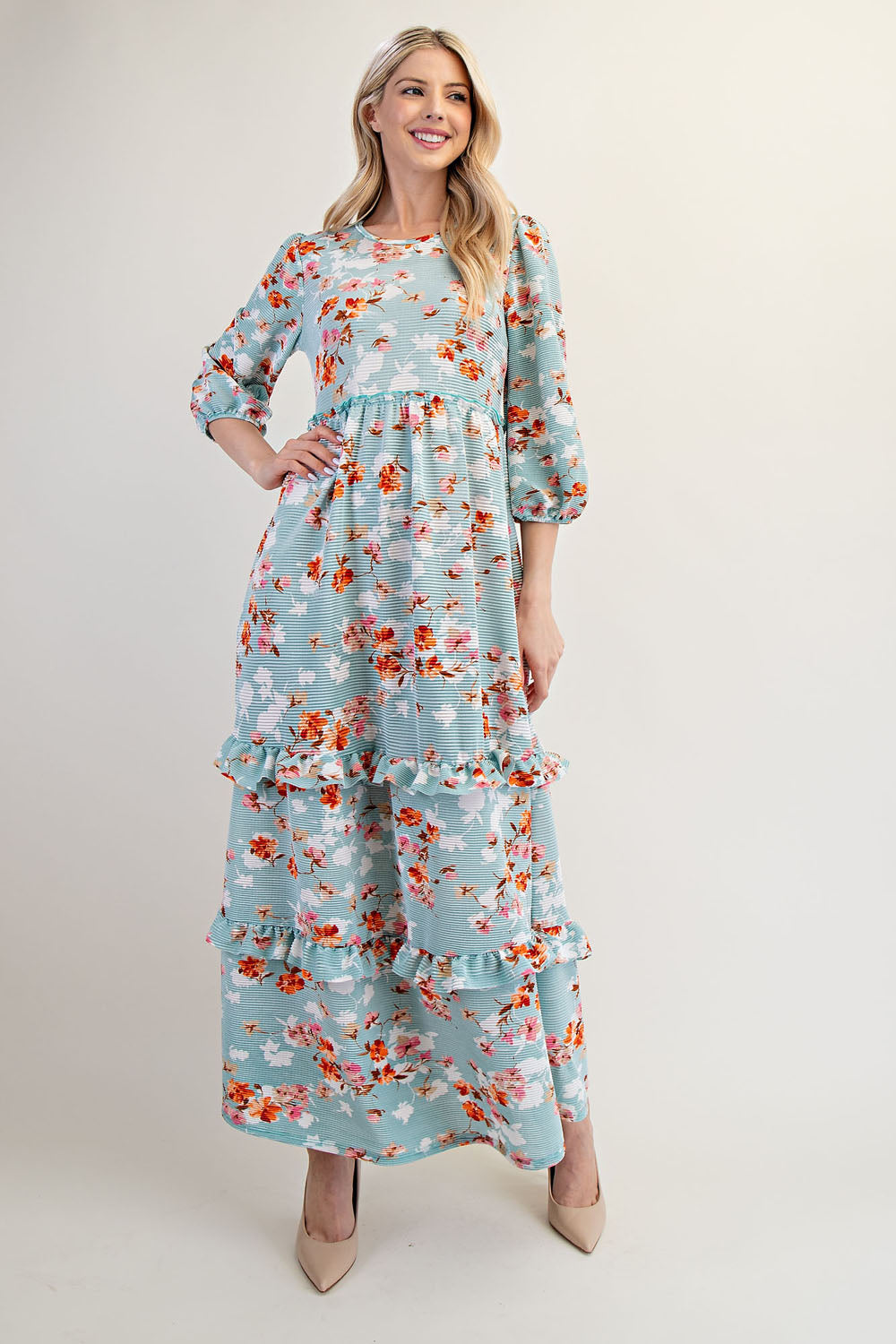 Modest Floral Ruffle Tiered Midi Dress