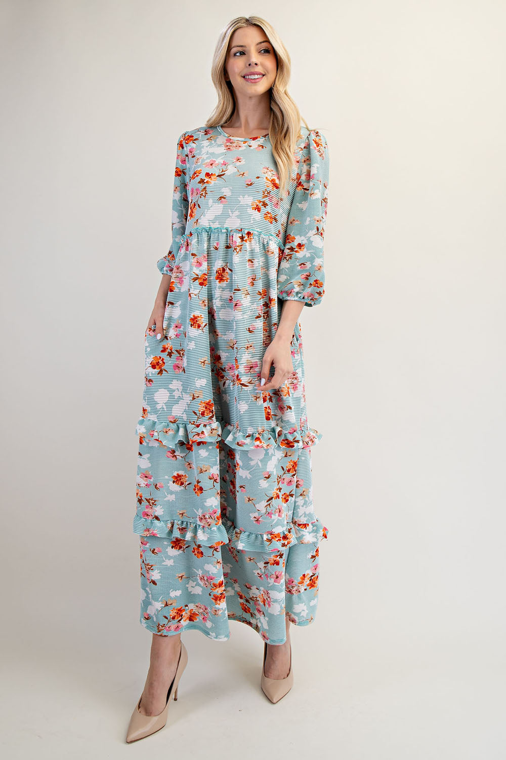 Modest Floral Ruffle Tiered Midi Dress