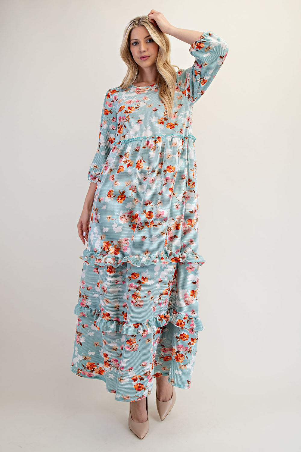 Modest Floral Ruffle Tiered Midi Dress