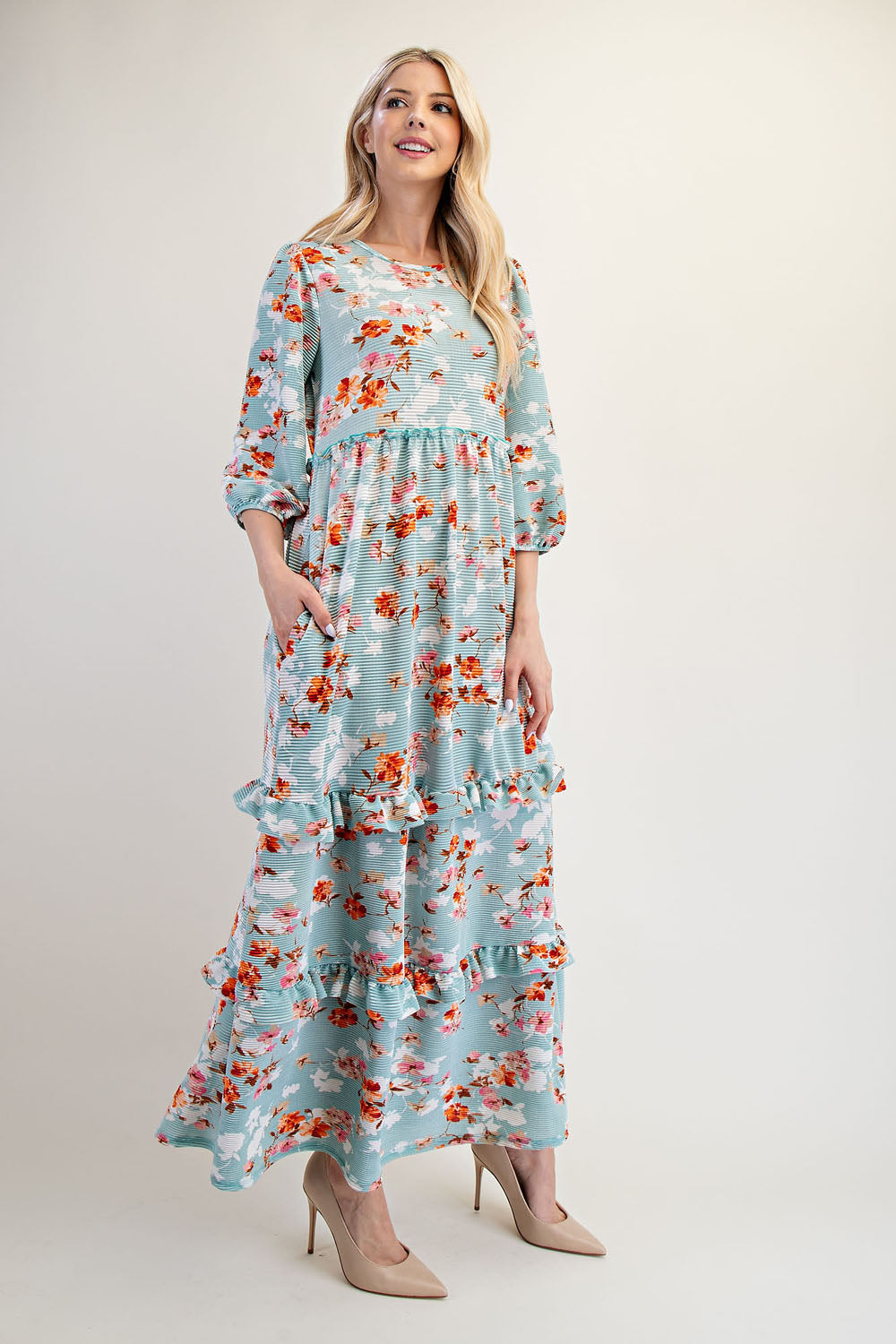 Modest Floral Ruffle Tiered Midi Dress