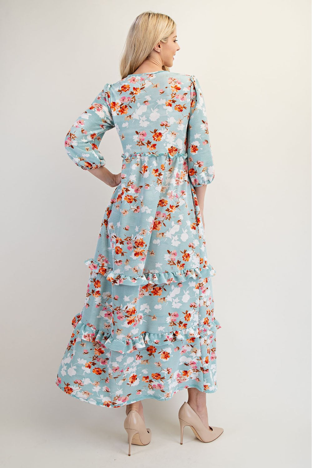 Modest Floral Ruffle Tiered Midi Dress