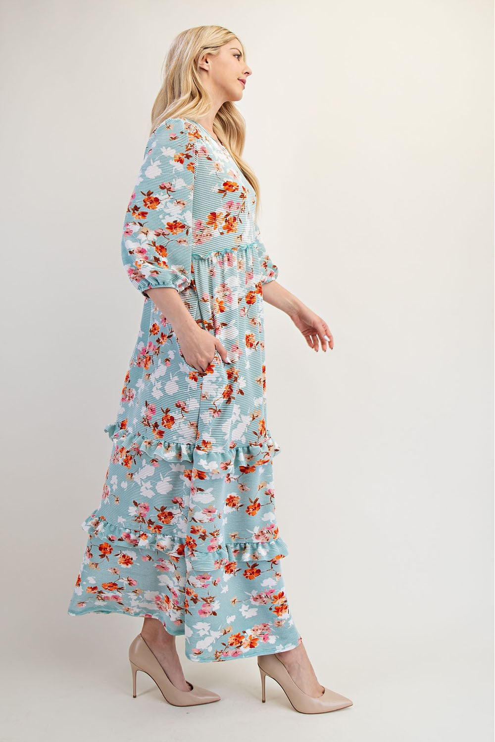 Modest Floral Ruffle Tiered Midi Dress