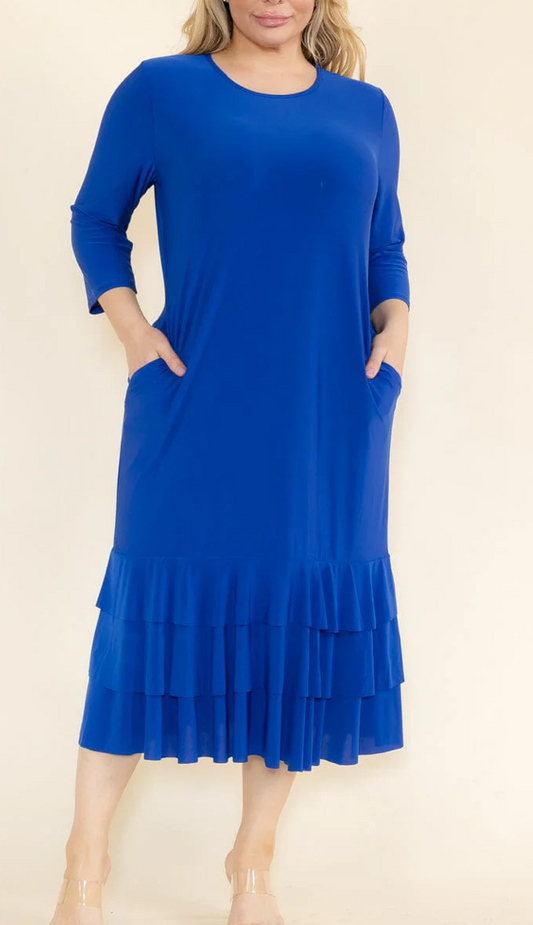 Plus Sized 3/4 Sleeve Front Pockets Tiered Ruffle Bottom Hem Maxi Dress