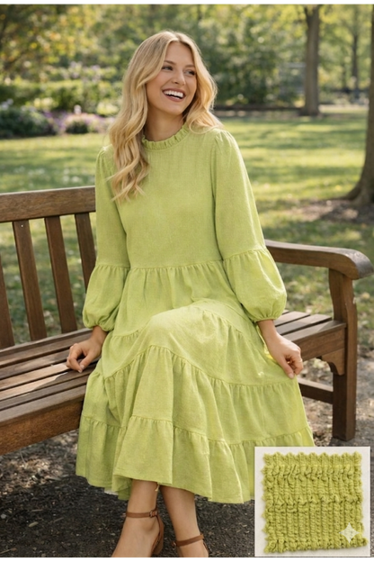 Textured Modest Tiered Maxi Dress with Long Sleeves