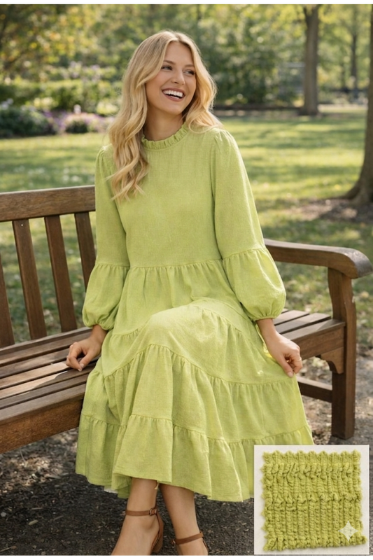 Textured Modest Tiered Maxi Dress with Long Sleeves