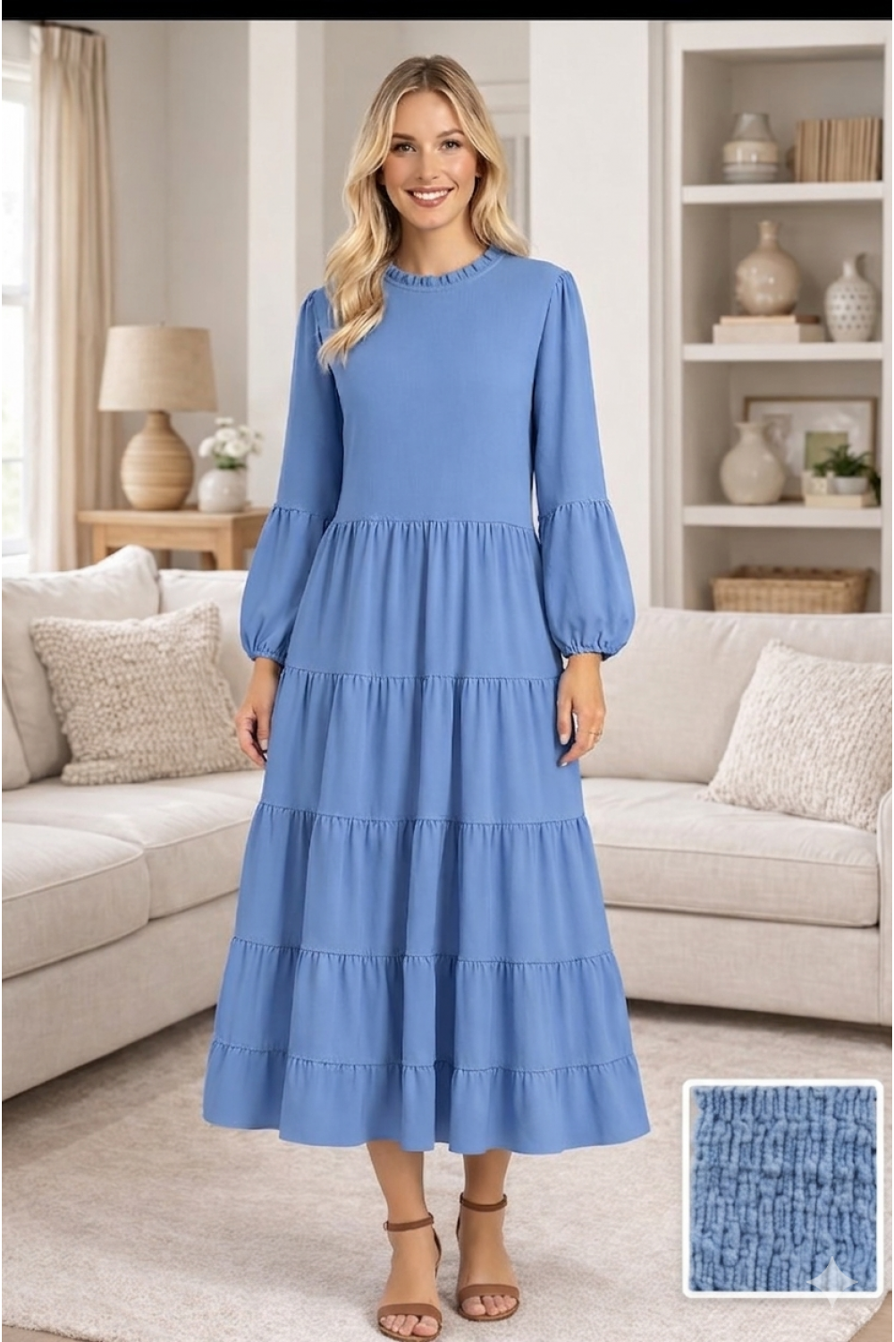 Textured Modest Tiered Maxi Dress with Long Sleeves