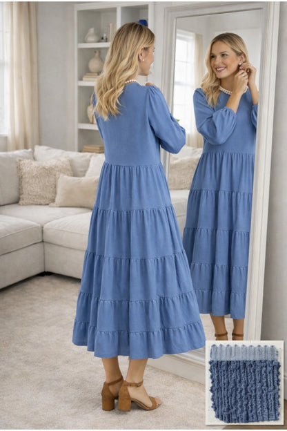 Textured Modest Tiered Maxi Dress with Long Sleeves
