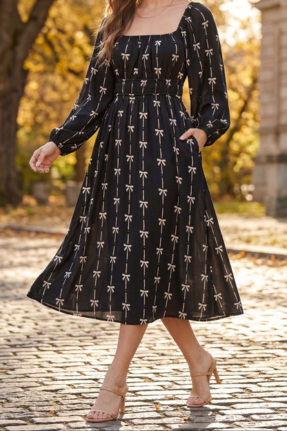 Sweetly Tied Bow Print Midi Dress
