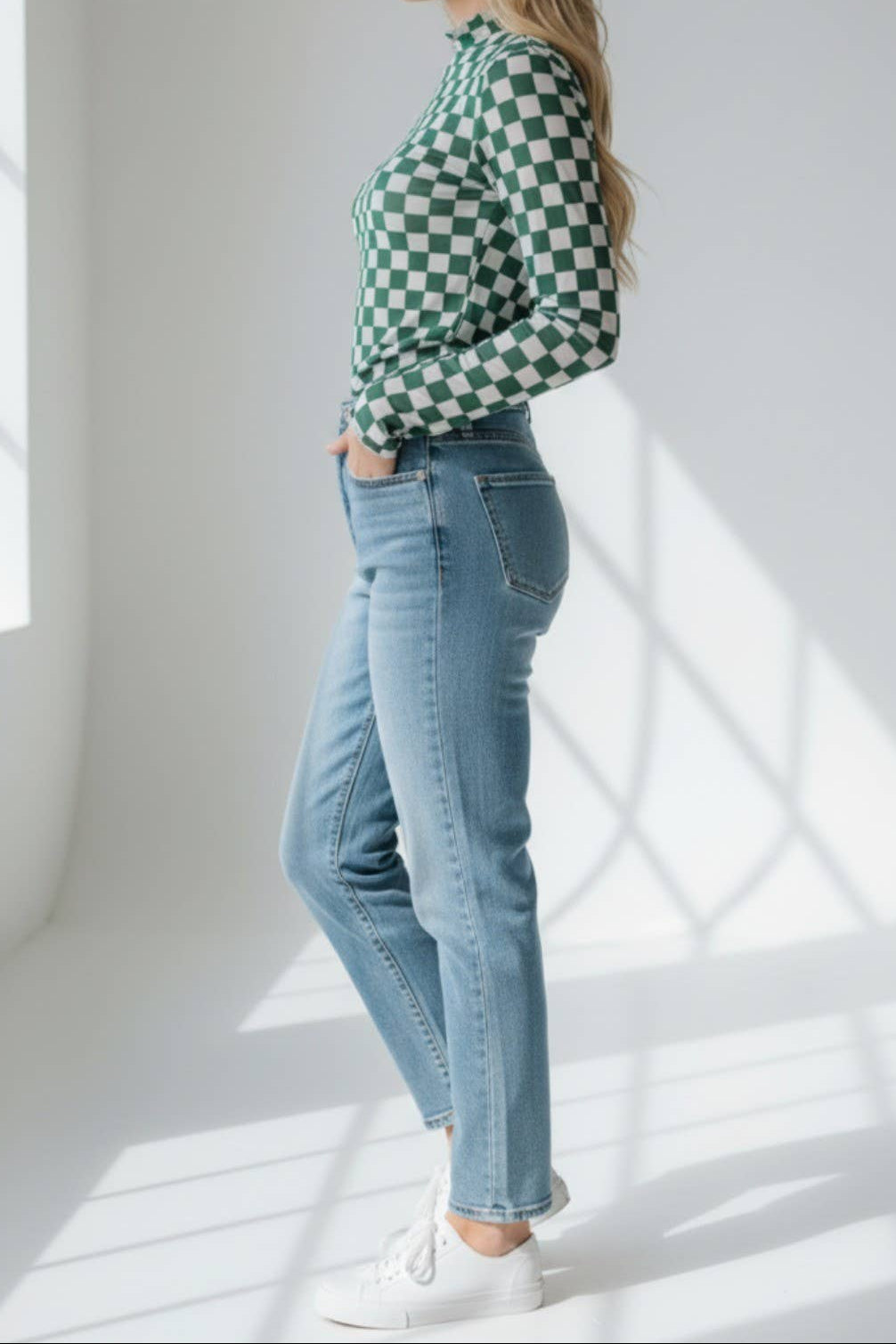 Wavy Checkered Mesh Mock Neck Top